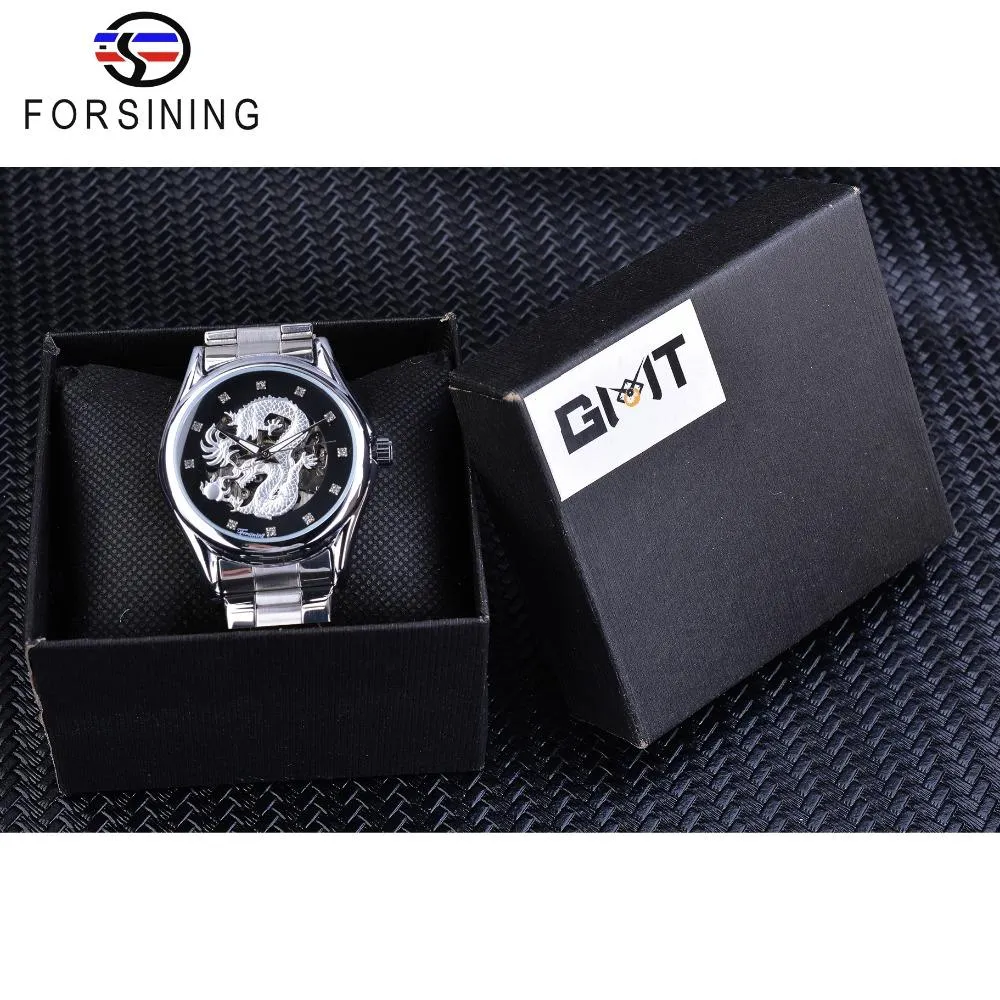 Forsining Diamant Montre Design Argent Inoxydable Automatique Dragon Affichage Hommes Homme Montres De Luxe Poignet Marque Classique Top Acier H231s