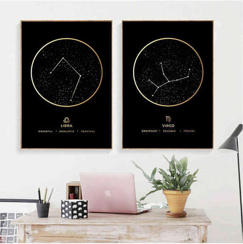 Moda Zodiaco Astronomia Wall Art Nursery Stampa Su Tela Pittura Nordic Kid Decorazione Immagine Home Decor 211222