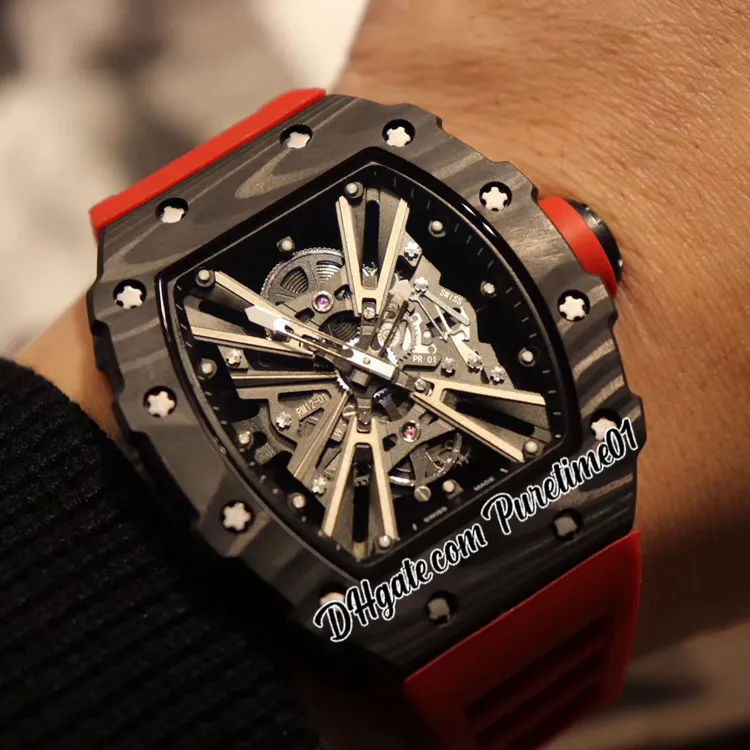 2022 Автоматические мужские часы Miyota из углеродного волокна, полностью черный скелетонизированный циферблат, красный резиновый ремешок Super Edition Puretime01 1201D4281l