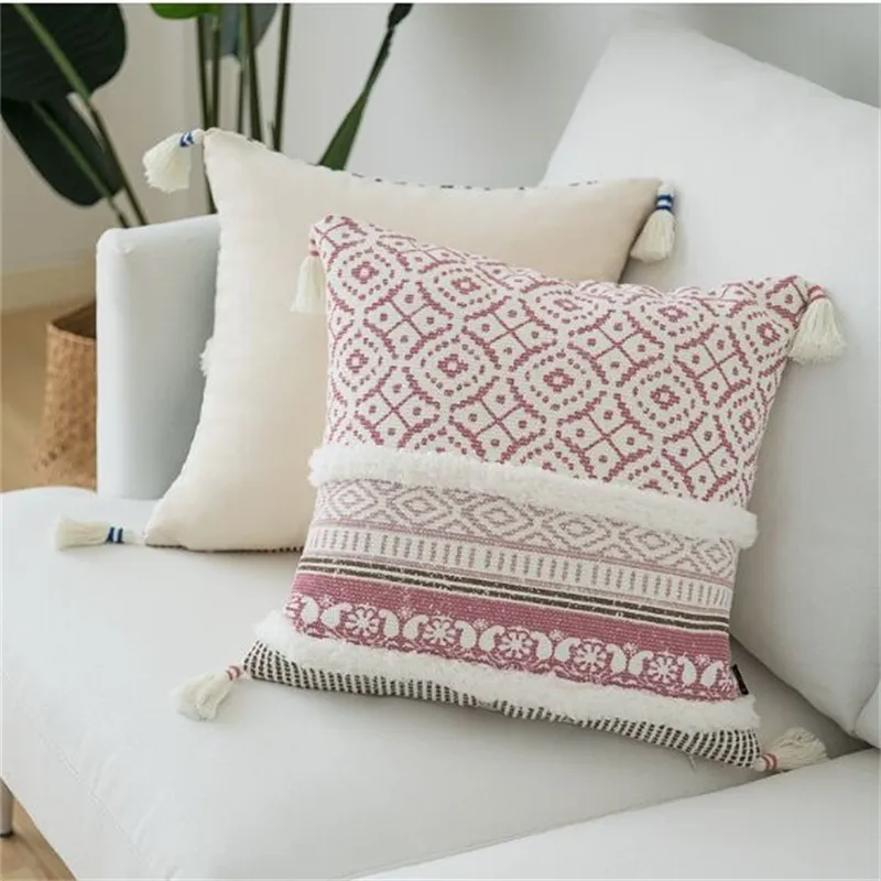 Decoración del hogar Boho Funda de almohada Sofá Cojín Decoración cuadrada Almohadas Dormitorio Sala de estar Tejido Moderno Gran borla Funda de almohada 201212