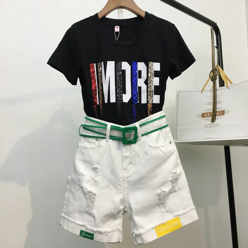 2020 Été Coton Femmes Survêtement Vêtements Ensemble 2 Pièce Sequin Harajuku Lettre Tops Blanc Jeans Shorts Pantalon Outfit Costume 3XL T200603