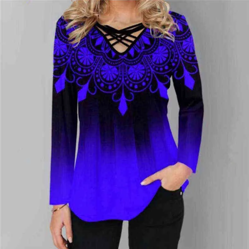 Stora våren Kvinnor Blusar Långärmad Gradient Element Print Shirts Casual Cross V-Neck Ladies Toppar Plus Storlek 4XL 5XL 2021 H1230