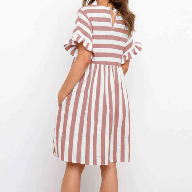 2021 Summer New Fashion O Neck Women's Dress Casual Loose Solid Short Sleeve Ruffle Patchwork Pocket Ladies Stripe Dress