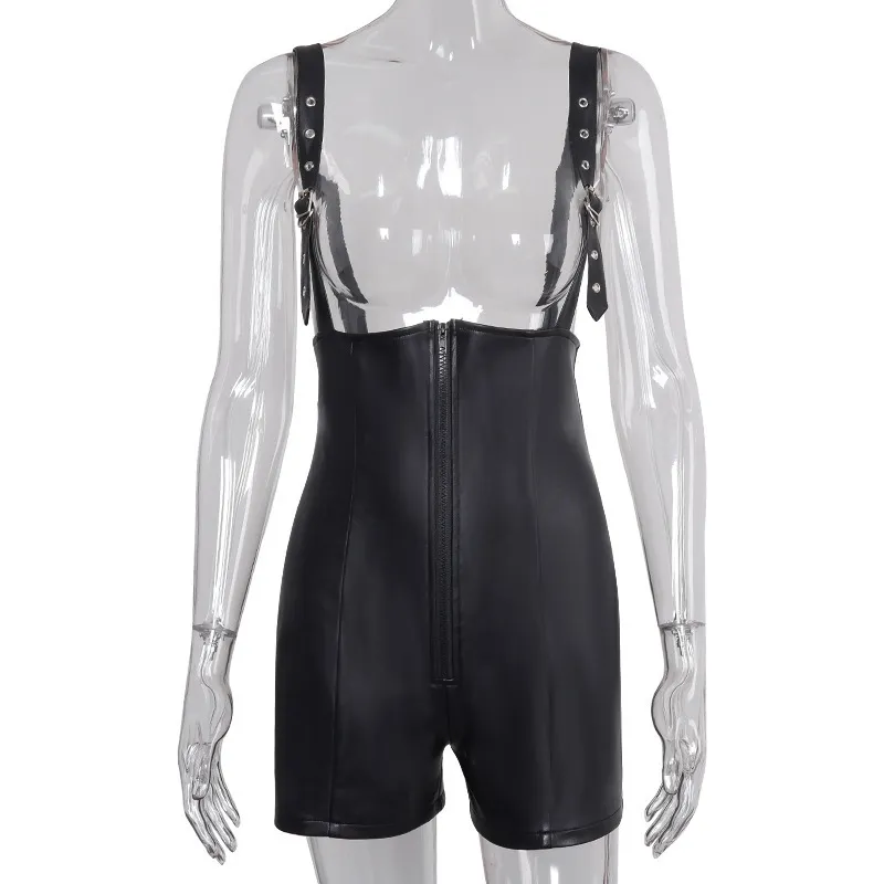 Anjamanor Black PU Leather Girdle Shorts Overaller Rompers Bodycon Jumpsuit Club Wear Sexiga Kläder för Kvinnor Sommar 2020 D85-AG26 T200704