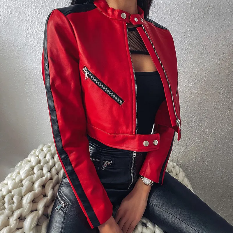 Umeko Autumn Zipper Motorcycle Jacket Women Short Faux Soft Leather Jacket Black Red Leather Jacket Ladies Basic Street Coat LJ201127