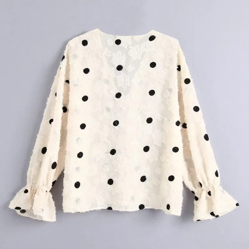 femmes vintage col en v à pois broderie blouse décontractée gland texture smock chemises loisirs femme chemise blusas tops LS6003 201201