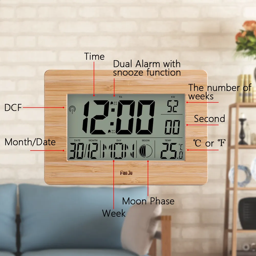 FanJu Digitale Wanduhr LCD Große Große Zahl Zeit Temperatur Kalender Alarm Tisch Schreibtischuhren Modernes Design Büro Wohnkultur LJ200827