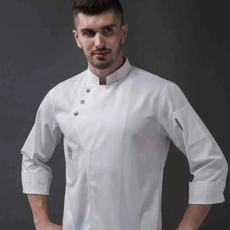 ZOGAA MENキッチンレストランクックワークウェアシェフユニフォームホワイトシャツダブル胸肉ジャケット220124