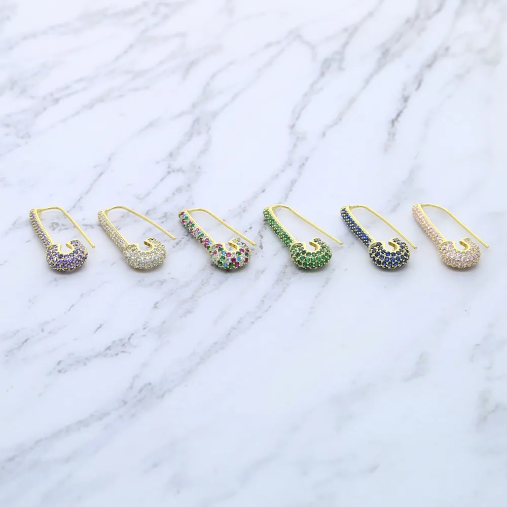 Whole Rainbow Colorful Wedding Earring Paved White Pink Green Blue Cz Unique Paperclip Safety Pin Stud Earings Women Fashion J305k