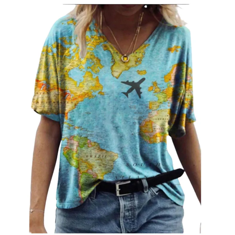 Camisetas holgadas de talla grande para mujer, remera informal de manga corta con cuello en V y estampado de mapa en 3D, camiseta de moda 2022