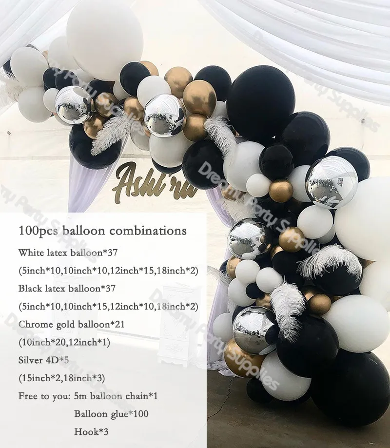 100 stuks Latex Wit Zwart Ballonnen Boog Kit Metallic Goud Ballon Slinger Bruiloft Verjaardag Verjaardagsfeestje Decoraties Set F1230232n