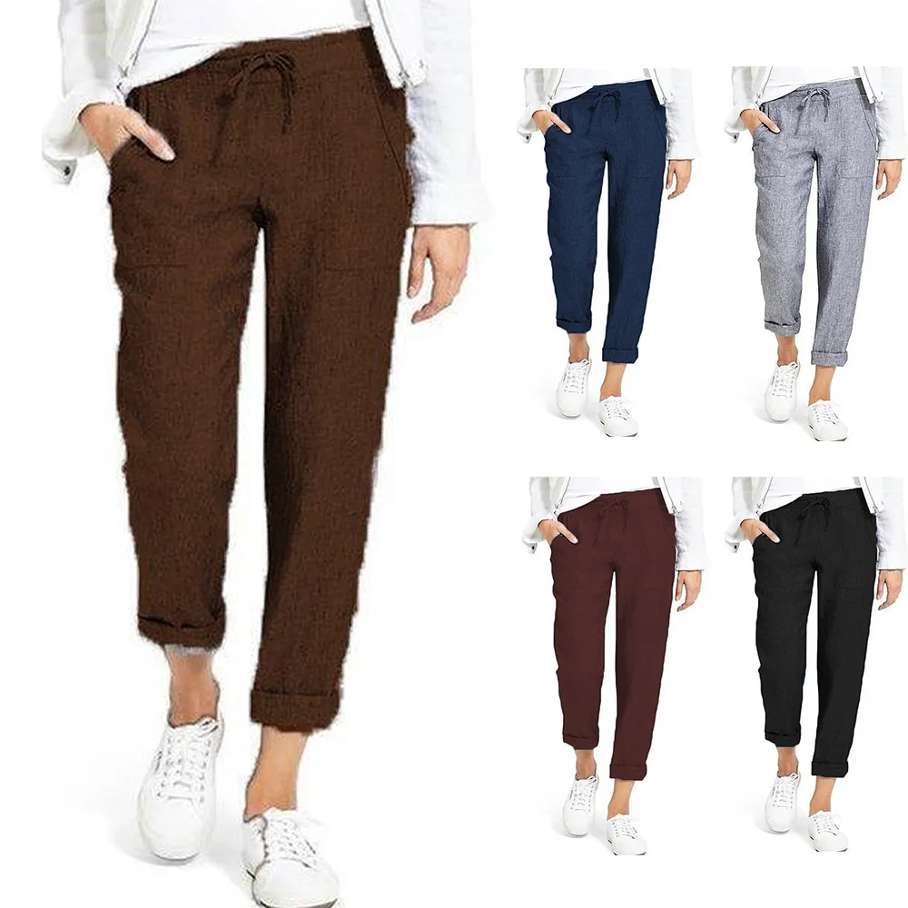 Nouveau pantalon en lin de coton femmes pantalons lâches décontractés couleur unie sarouel femme femme capris été automne pantalon marque chaude 201113