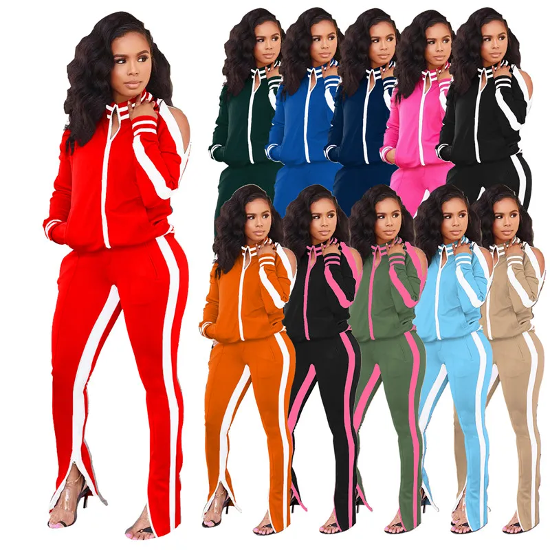 Groothandel Vrouwen Kleding Klassieke Trainingspakken Lange Mouw Zipper Off Shouder Outfits 2 Stuk Set Jogging Sportsuit Sweatshirt Sportpak K7507