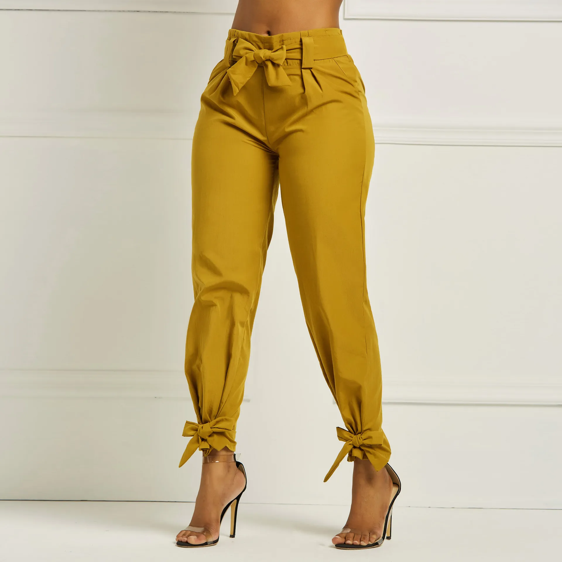 Kvinnor Summer Harem Pants With Midje Belt Bowtie Solid Trousers Ladies Casual Fashion Middle Midje Girls Street Clothing 201113