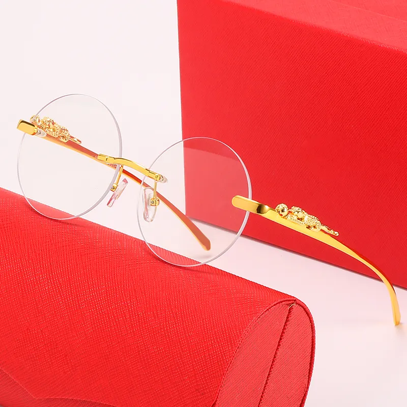 Runde Designer-Sonnenbrille für Frauen Gold Metall Panther Rahmen Markendesign Sonnenbrille Herren Schwarz Braun Transparente Linse Brille Eyegl213r