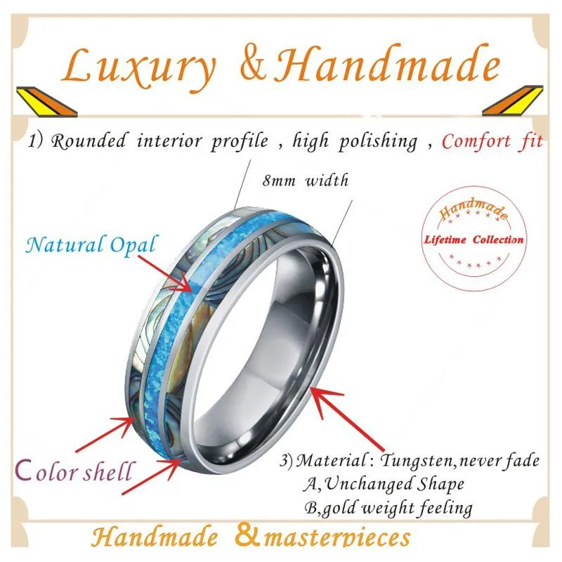 Wedding Rings Marriage Alliances 8mm Blue Opal Tungsten Carbide Jewelry Koa Wood Shell Band Couple For Men And Women Gift1223E