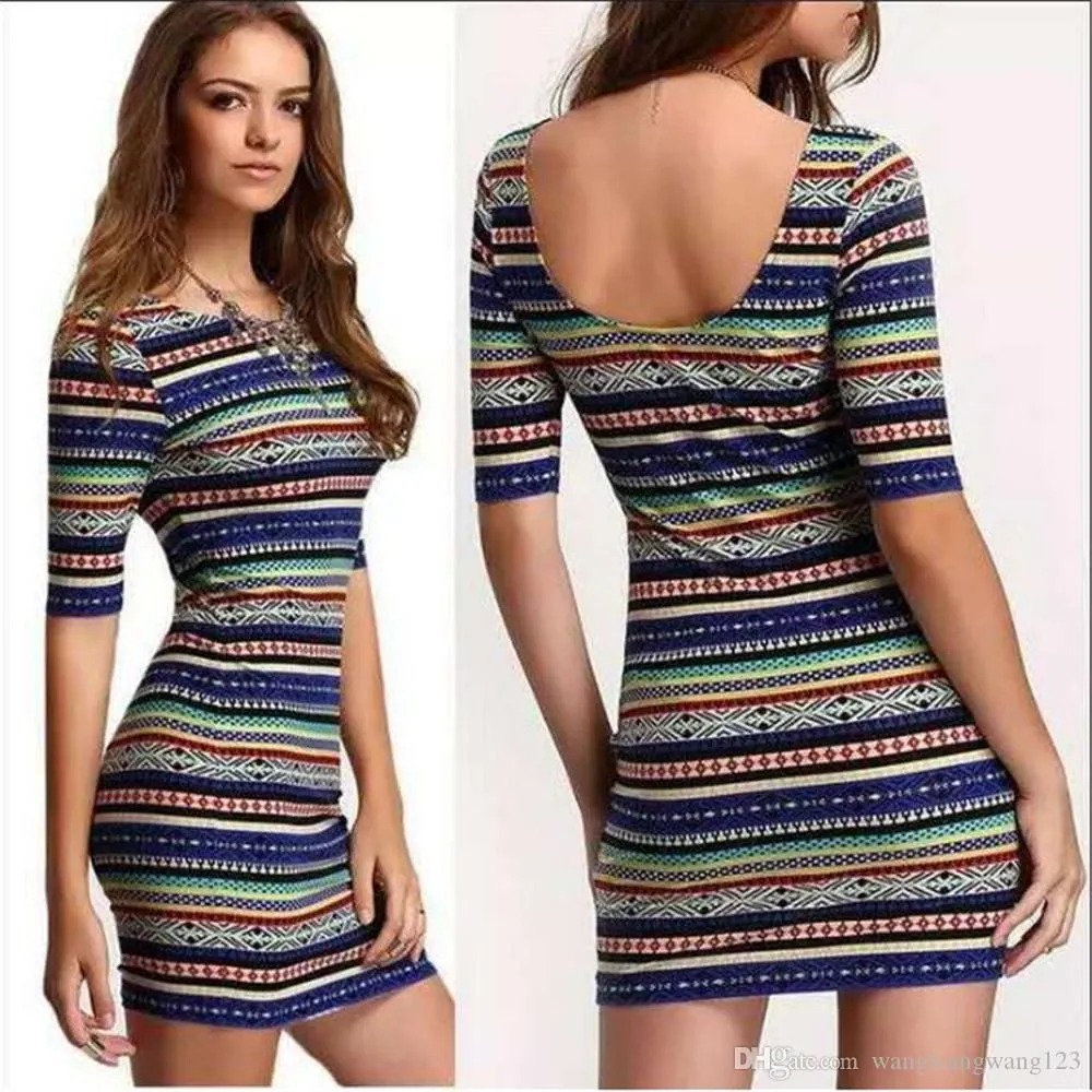 Europe US fashion striped colorful print dresses Crew neck Half sleeve slim Cotton Polyester Blend Backless Tight waist sexy mini dress