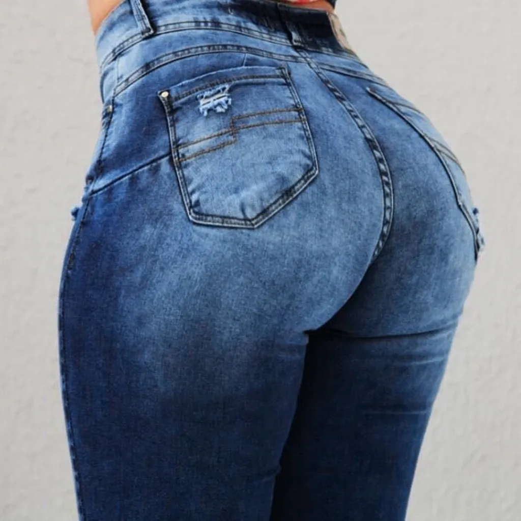 Jeans de cintura alta para mujer Slim Stretch Denim Jean Slim Stretch Fake Pocket Skinny Push Up Jeans Mujer d # 201106