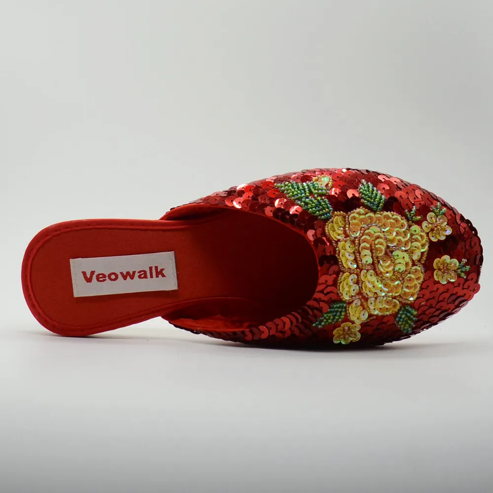 Veowalk fait à la main Vintage femmes pantoufles talon plat dames chinois Bling paillettes fleur semelle souple décontracté été extérieur chaussures X1020