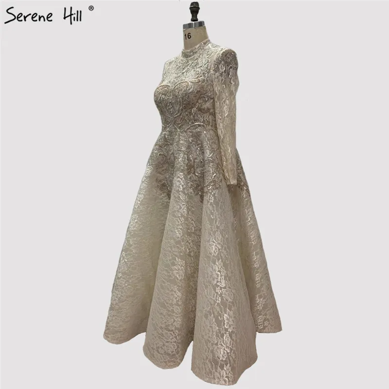 Or col haut luxe robes de soirée asymétriques 2020 mancherons dentelle perles robes de soirée Serene Hill LJ201123