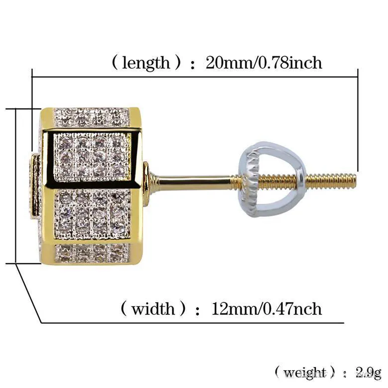 Pendientes de Hip Hop de lujo de calidad con circonita pavimentada, pendientes de tuerca a la moda para hombres y mujeres, pendientes geométricos de Color dorado 3354