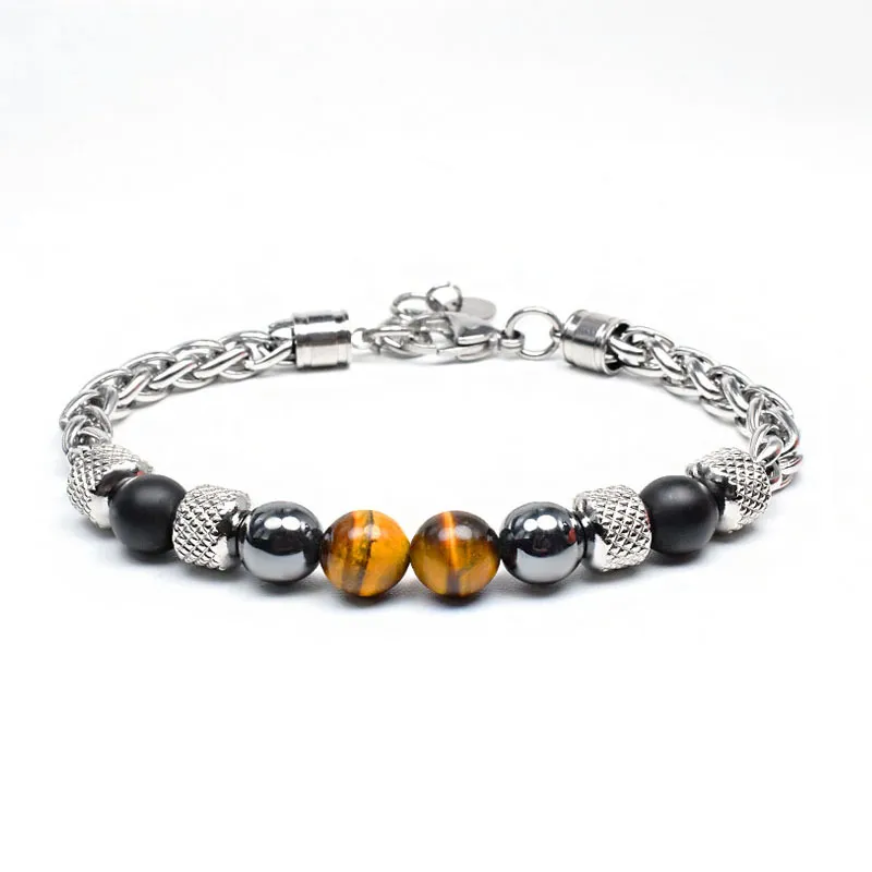 Stainless steel tiger eye beads bracelets strands natural stone bracelet for men hip hop fashion jewelry will and sandy