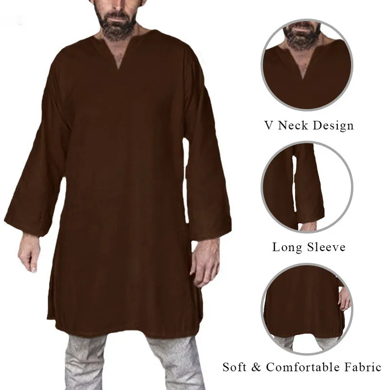 Long Shirt Men Medieval Tops Men's Long Sleeve Plain T-shirt Oversized Retro Vintage Tunic Stage Costume Knight Top 201202264B