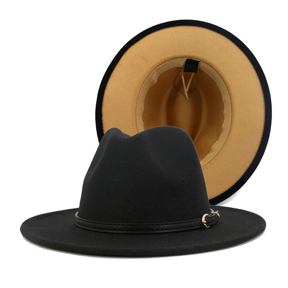 2020 mody kobiety Patchwork sztuczna wełna Feel Fedora Hats z klamrą z podwójnym kolorem klamry płaski rdzeń panama cap303r