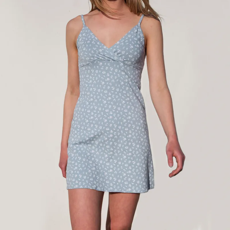 Frauen Baumwollmischung ausgestattetes V-Ausschnitt Kleid Cami Minikleid Sommerkleid Y0118