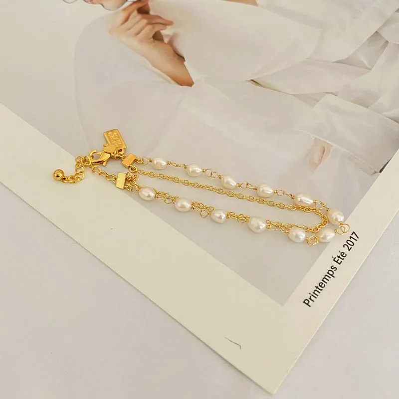 Fashion Natural Pearl Gold Chain Two Layer Bracelet Jewelry Wedding Accessories Couple Bracelet CX220302