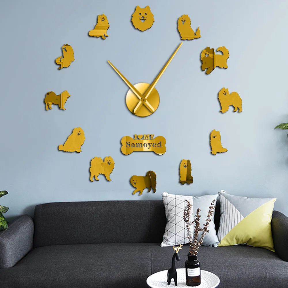 Samoyède Chien Race Portrait DIY GRANDE Horloge Murale Sans Cadre Chiot Pet Acrylique Miroir Surface Mur Autocollant Muet Montre Murale Décor À La Maison LJ201204