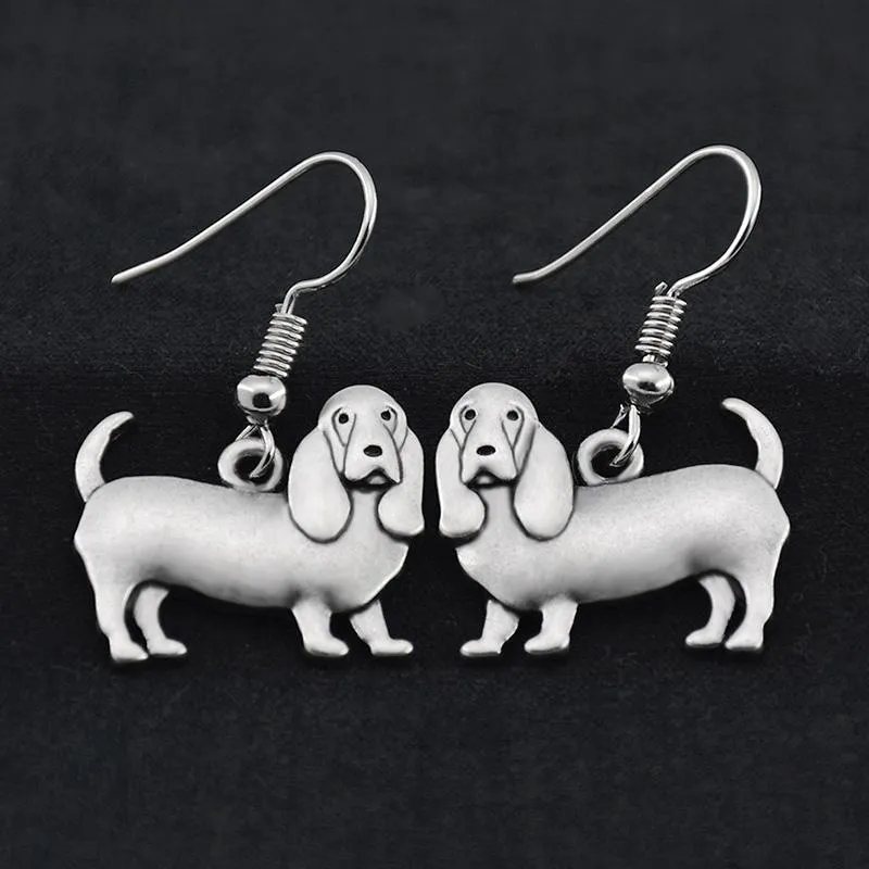Vintage Silver Color Boho Basset Hound Bloodhound Drop Dangle Brincos de gancho Bijoux Femme Brincos longos para mulheres Jewellry214Q