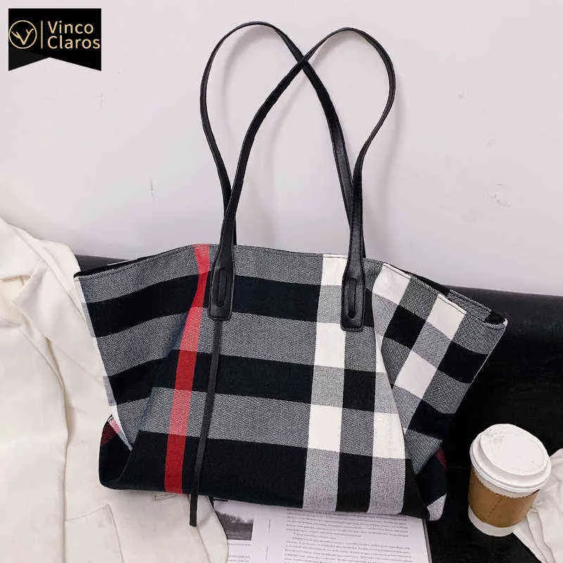 Shopping Bags Large Capacity Cotton Fabric Plaid Casual Tote for Women Luxury Brand Fashion Shoulder Bag Handbags Designer Bolsos Sac New220307