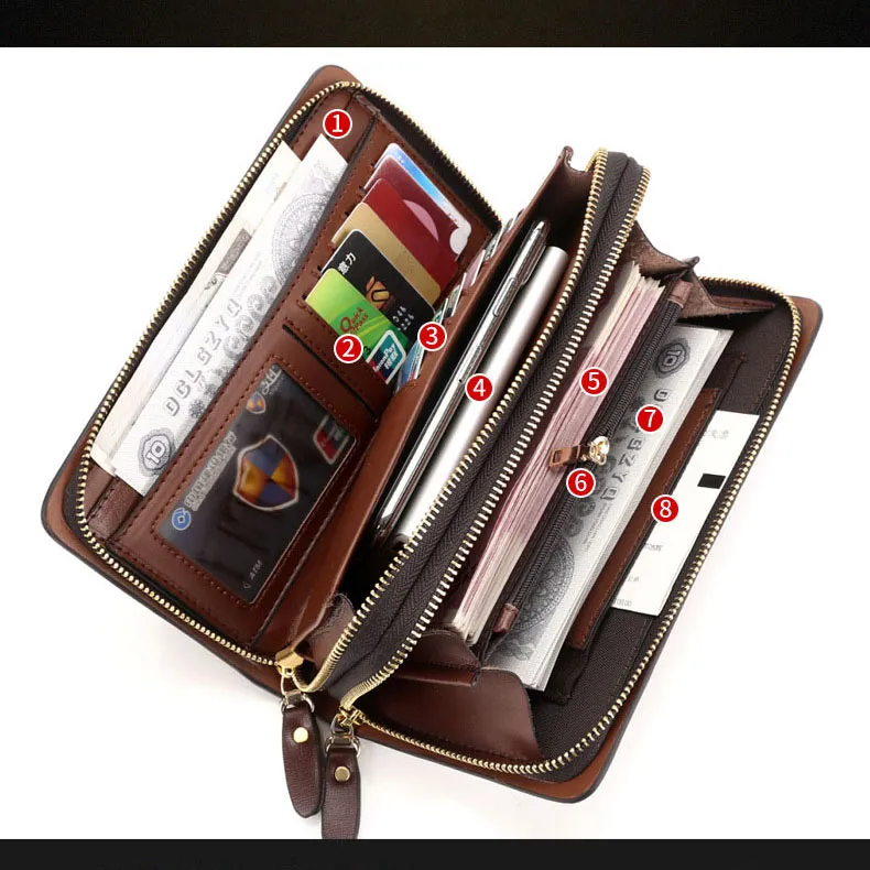 double zipper men's wallets clutch bag leather wallet Organizer big capacity passport cover male portefeuille homme2920