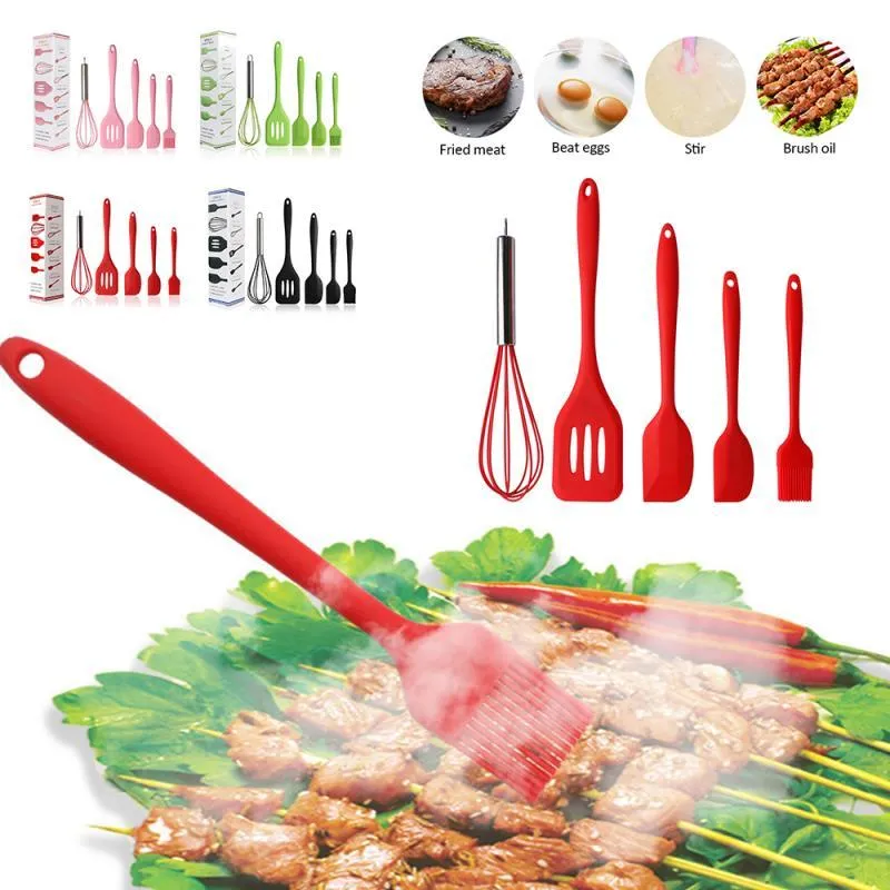 5 pezzi / set utensili da cucina in silicone set frullino le uova cucchiaio spatola pennello olio kit utensili da cucina accessori 201223