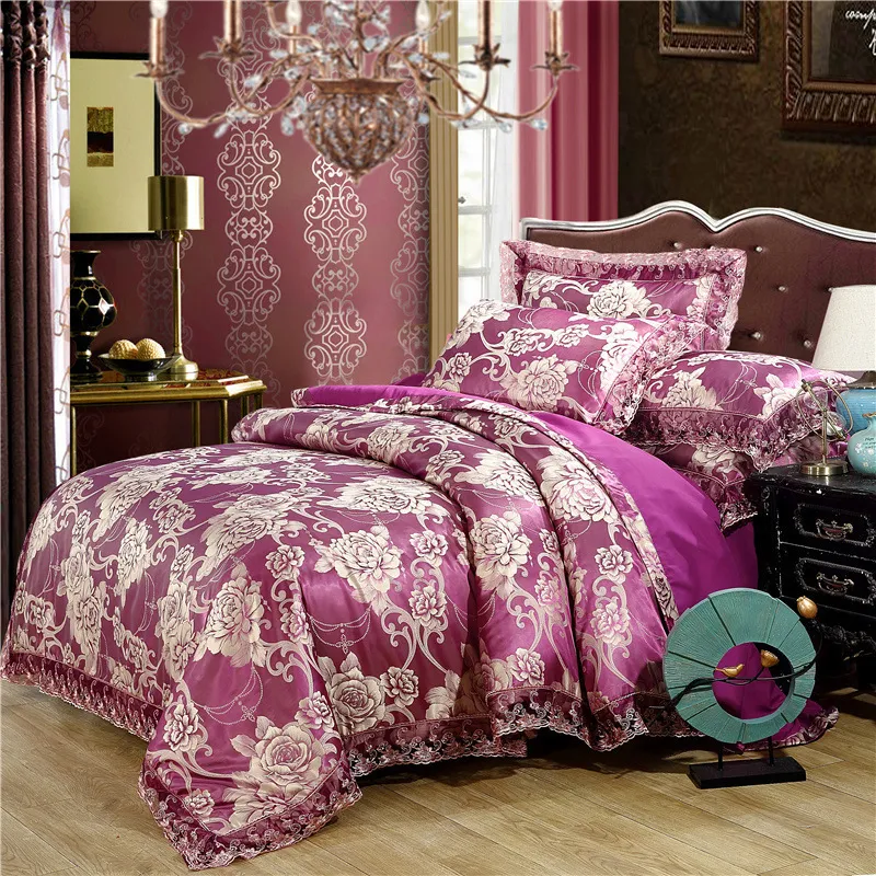 Set di biancheria da letto in argento tessile domestico set di coperture piumino in pizzo jacquard set da letto da letto europeo cover di lussuoso foglio piatto dorato di lusso capesante L6983437