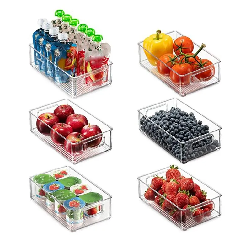 6 stuks koelkast organizer bakken stapelbare koelkast organisatoren met uitsparing handgrepen doorzichtige plastic voorraadkast rek2659