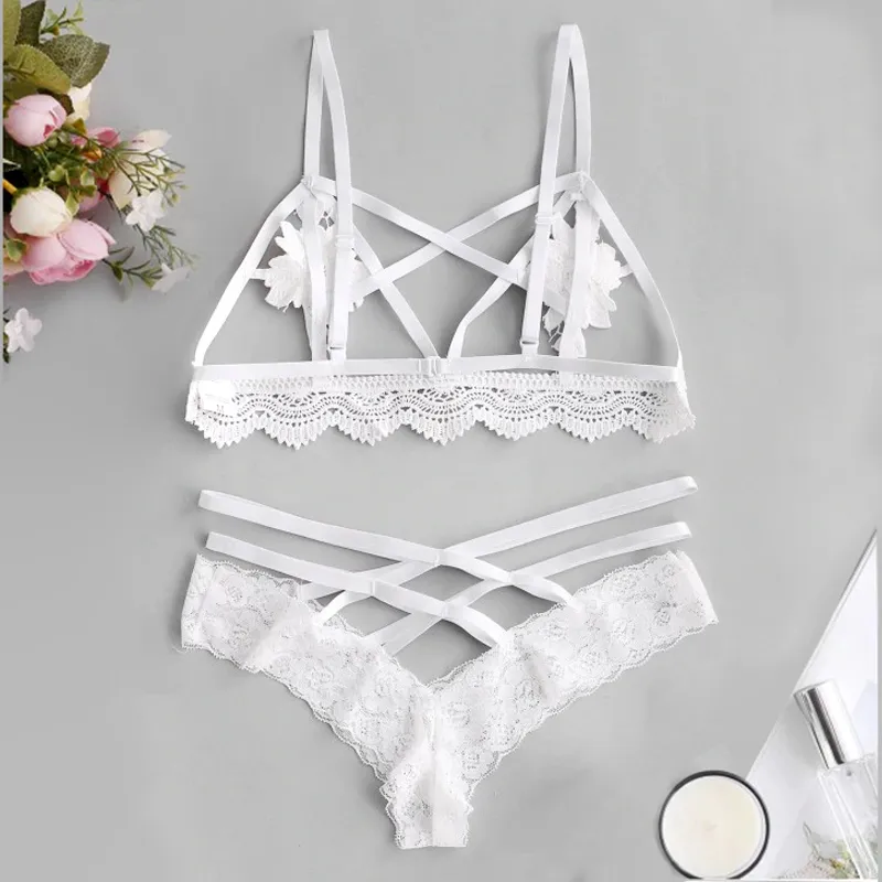 Aduloty Women's sexy underwear set red rose flower lace hollow bra underwear Spaghetti strap temptation pajamas Summer Y200708