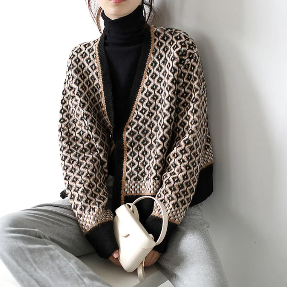 Suéter chaqueta de mujer cardigan otoño invierno retro suelto perezoso con cuello en v corto rombo punto tops japonés suéter femenino 201204