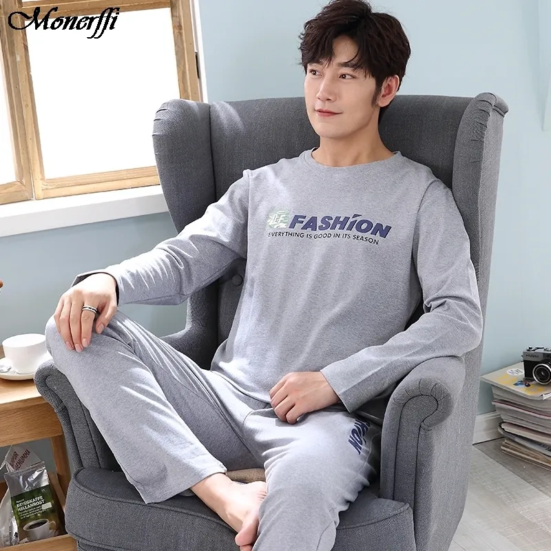 Autumn Winter Knitted Cotton Cartoon Men's Pyjamas Cartoon Pajamas Set Male Sleepwear Pyjamas Nightsuits Pijama XXL Homewear 201008