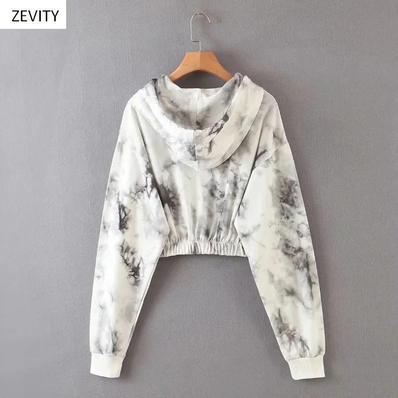 Zevity Women Vintage Ink Tie Dyed målning Casual Hooded Sweatshirts Ladies Hem Elastic Hoodies Brand Chic Tops H300 201203