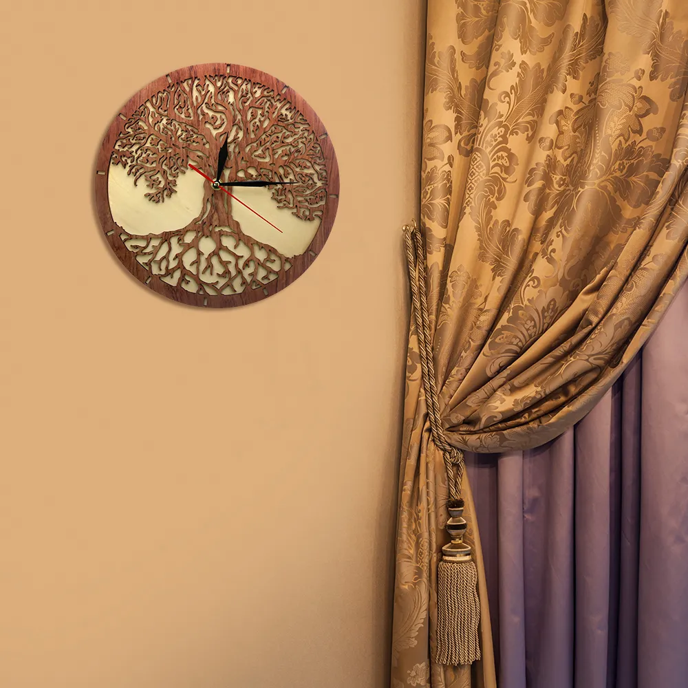 Yggdrasil Drzewo życia drewniany zegar ścienny święty geometria magiczna dekoracja domu cisza kuchnia zegar ścienny