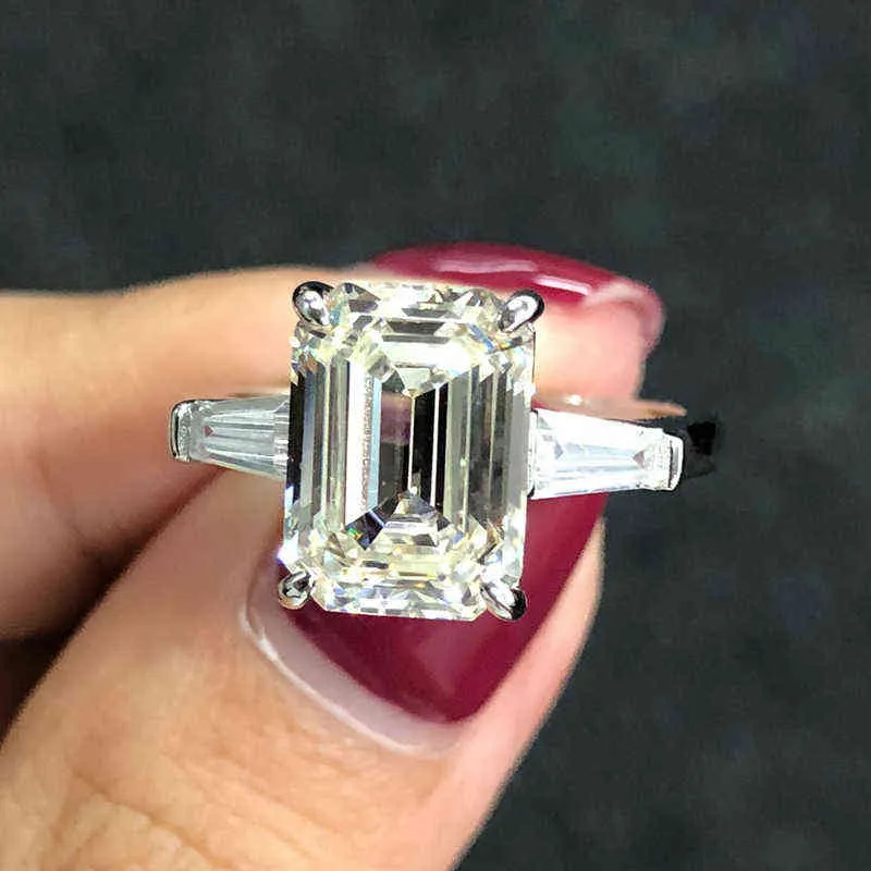 Oevas 925 Sterling Silver Emerald Cut Skapat Gemstone Wedding Engagement Diamonds Ring Fine Smycken Gift Partihandel 211217