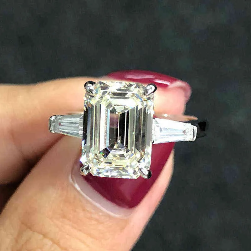 Ovas 925 Sterling Prata Esmeralda Corte Criado Gemstone Casamento Noivado Diamantes Anel Fine Jewelry Presente Atacado 211217