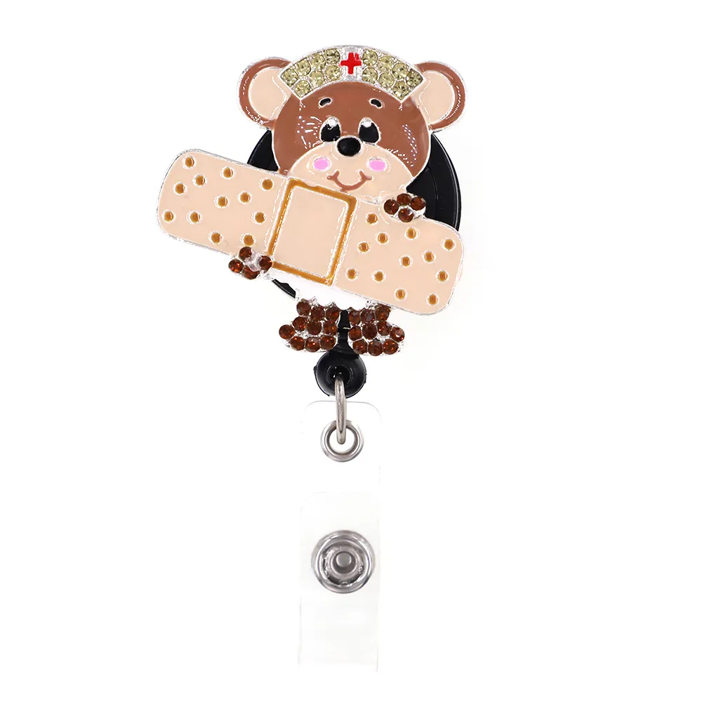 Nyaste nyckelringar Rhinestone Medical Cartoon Animal Nurse Infällbart ID Badge Holder Pull Reel279s