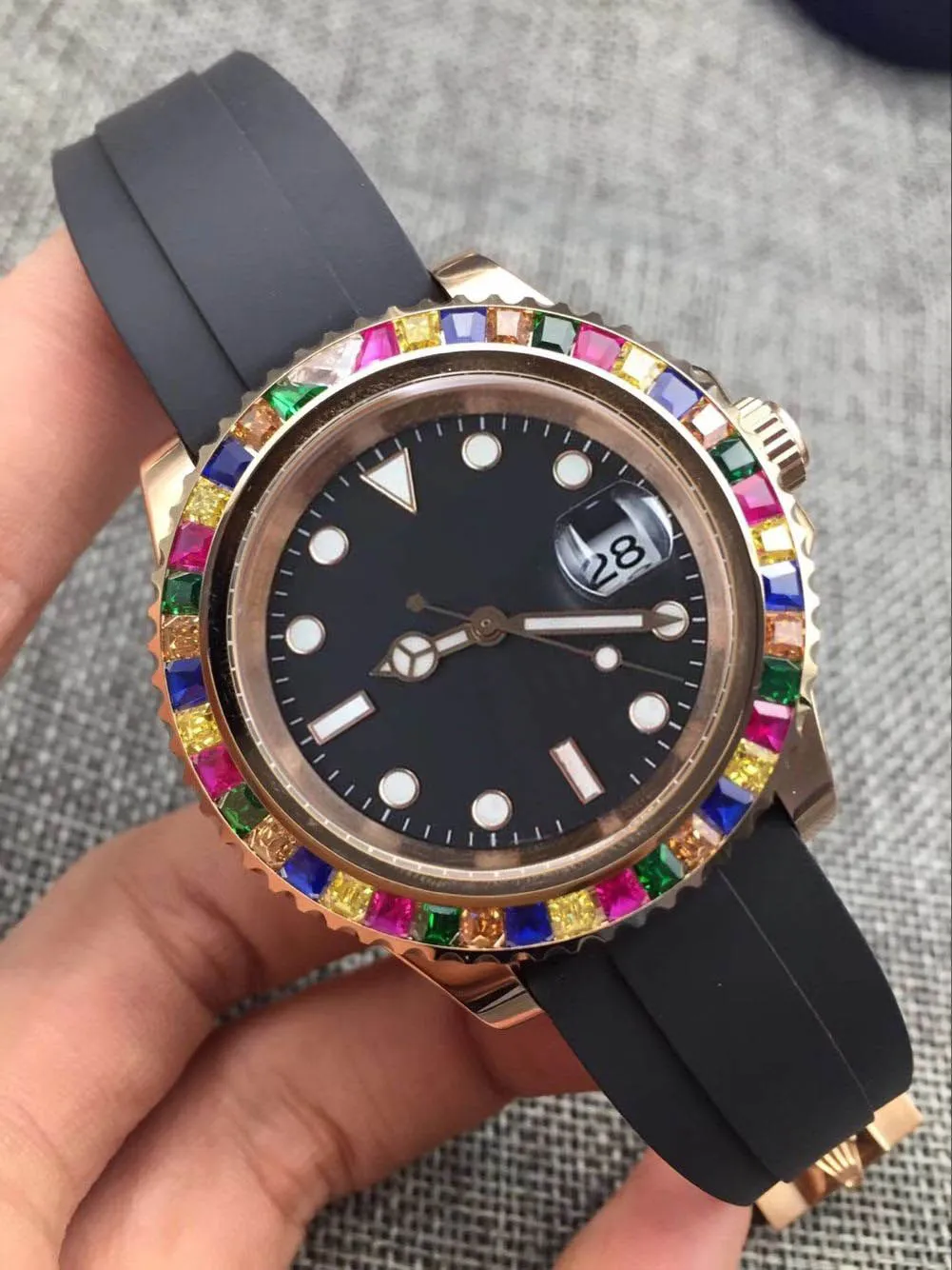 Novo arco-íris diamante tamanho 40mm cor pulseira de borracha corda automática movimento mecânico masculino e feminino moda mecânica watc257u