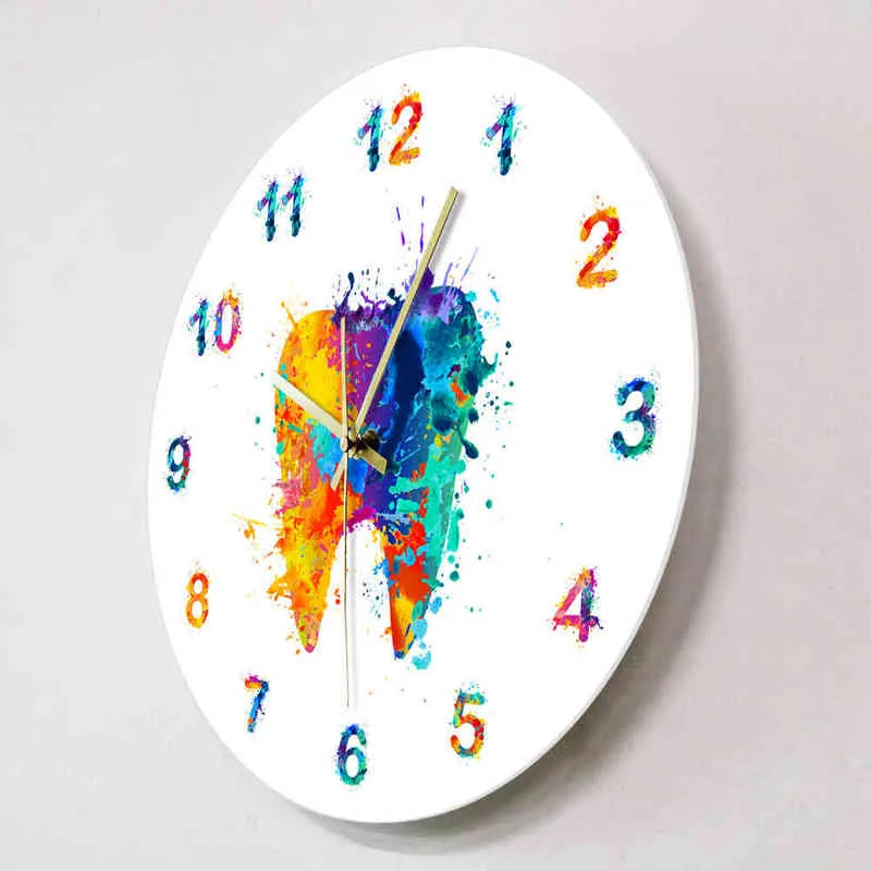 Watercolour Tooth Painting Print Wall Clock Dental Clinic Art Non ticking Watch Orthodontist Dentist Gift Idea 220115