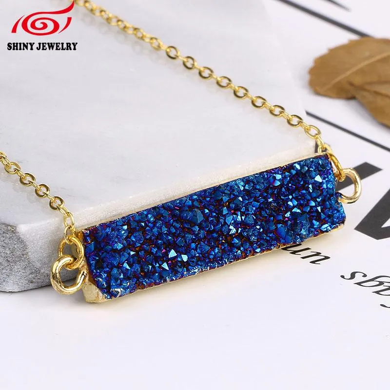 Pendentif Colliers Bar Pierre Naturelle Bleu Violet Quartz Druzy Cristal Collier Agate Rectangle Plaqué Or Chaîne Cadeau De Noël 1328S