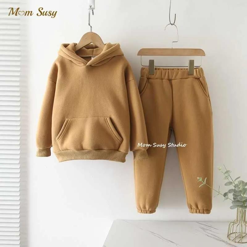 Baby Girl Boy Cotton Clothes Set Hoodie + Pant Warm Fleece Fodera Bambino Sport Loungewear Suit Inverno Primavera Autunno 211224