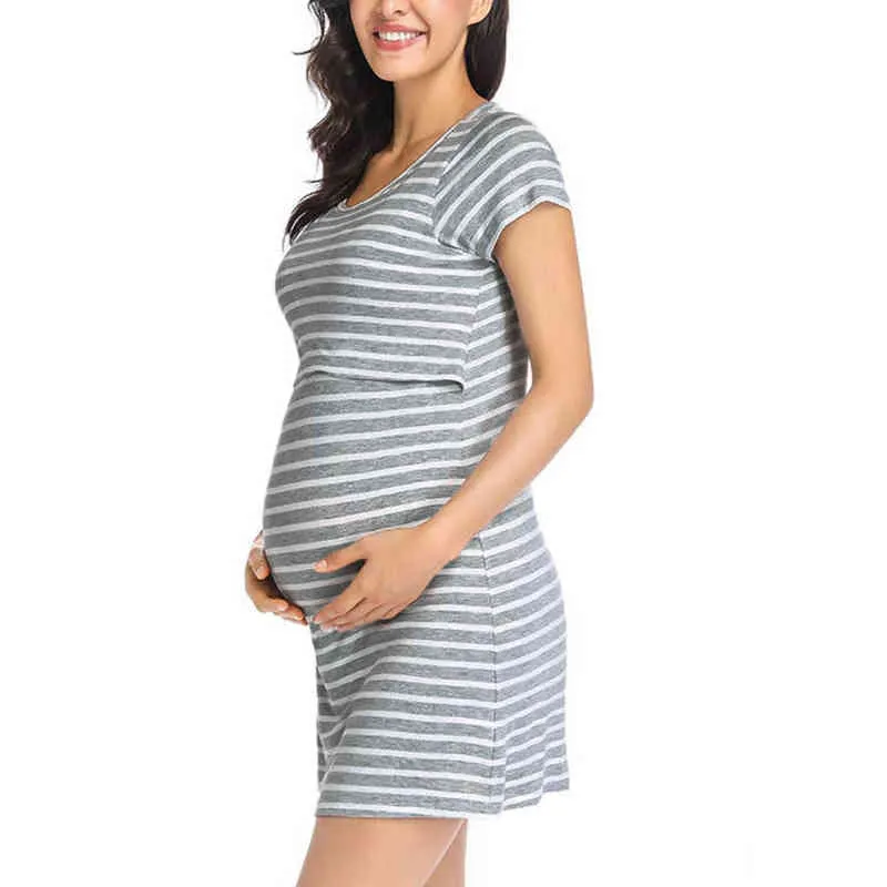 Womens Maternity Clothes Mom Nursing Dress Maternity Dresses Striped Cotton Tops Blouse T Shirt Breastfeeding Vest Top Homewear G220309